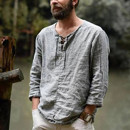 Camisa de lino de verano con cordones para hombre