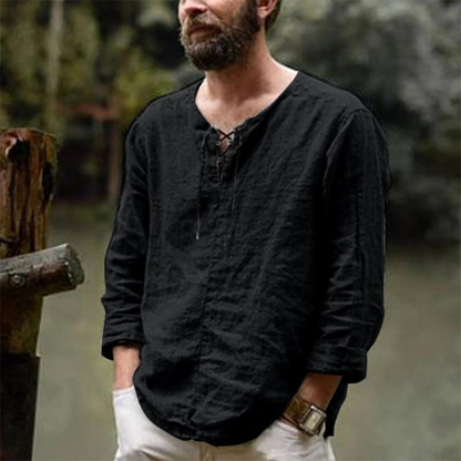Camisa de lino de verano con cordones para hombre