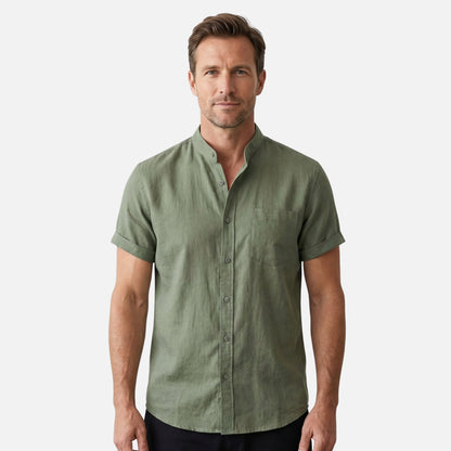 Camisa de mezcla de algodón para verano con cuello alto para hombre