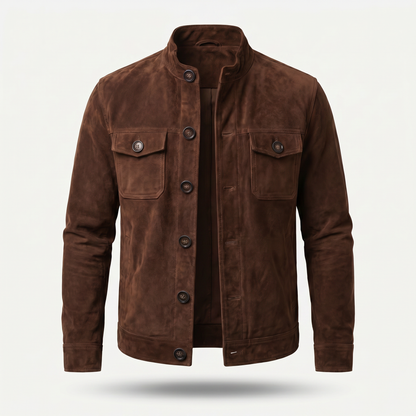 Chaqueta de ante con cuello alto y cierre de botones para hombre
