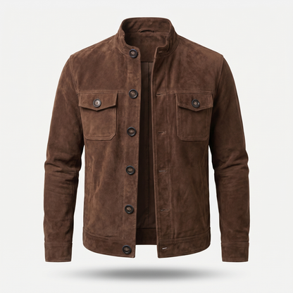 Chaqueta de ante con cuello alto y cierre de botones para hombre