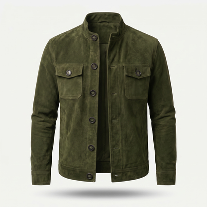 Chaqueta de ante con cuello alto y cierre de botones para hombre