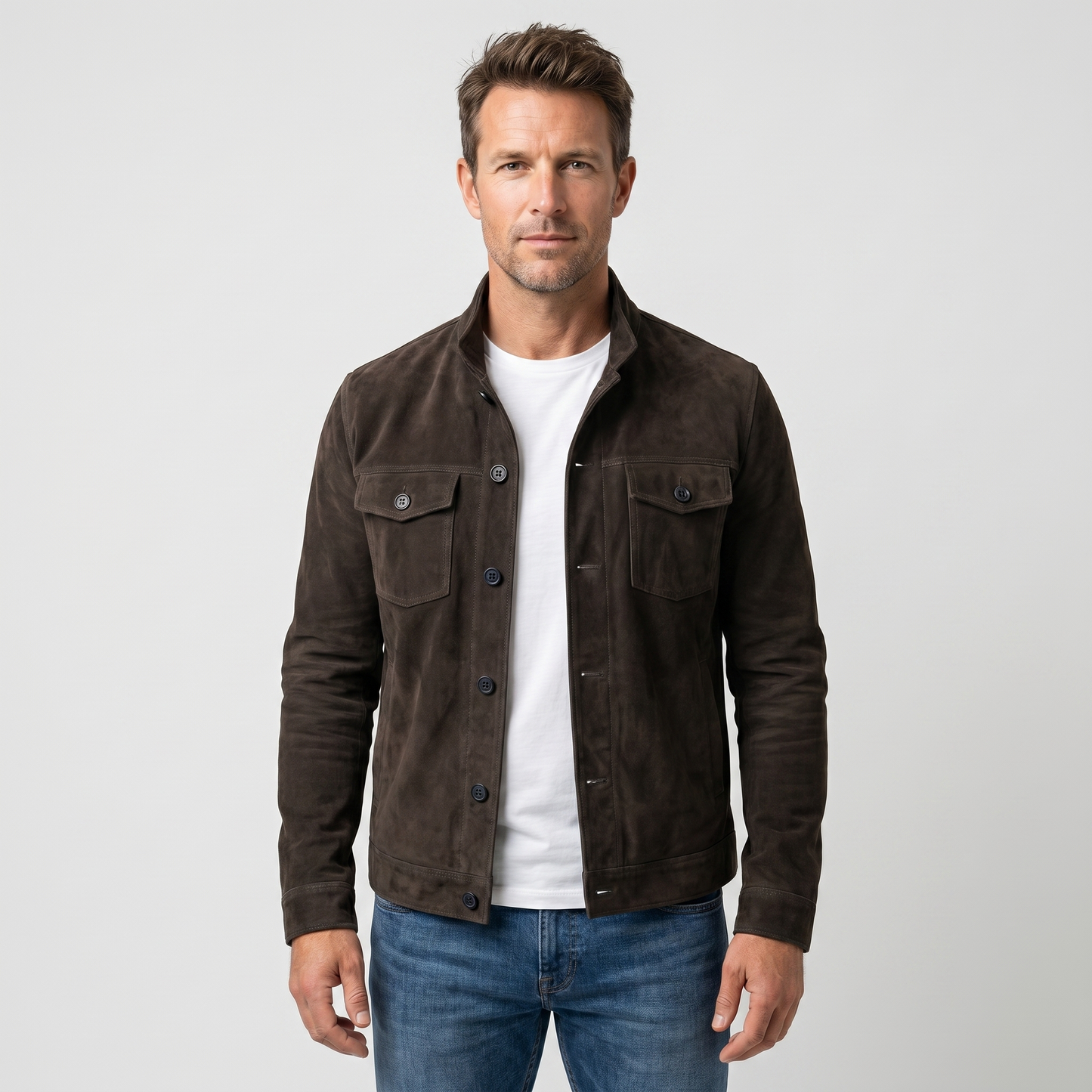Chaqueta de ante con cuello alto y cierre de botones para hombre