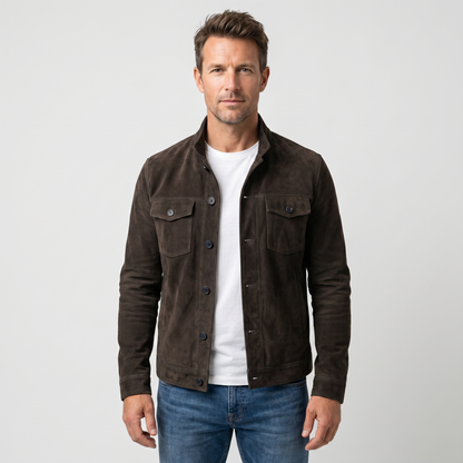 Chaqueta de ante con cuello alto y cierre de botones para hombre