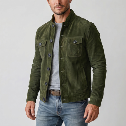 Chaqueta de ante con cuello alto y cierre de botones para hombre