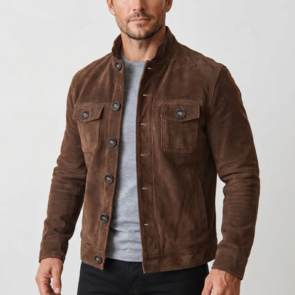 Chaqueta de ante con cuello alto y cierre de botones para hombre