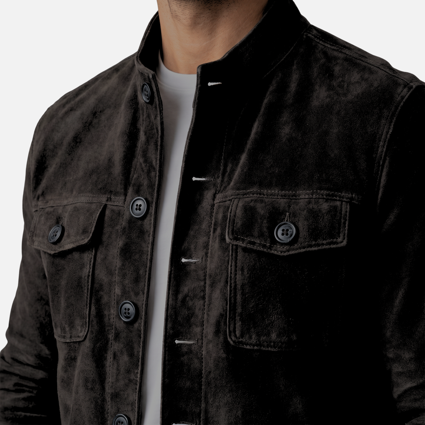 Chaqueta de ante con cuello alto y cierre de botones para hombre