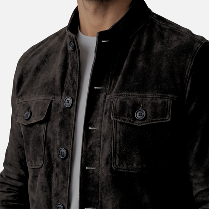 Chaqueta de ante con cuello alto y cierre de botones para hombre