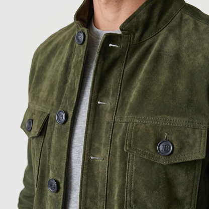 Chaqueta de ante con cuello alto y cierre de botones para hombre