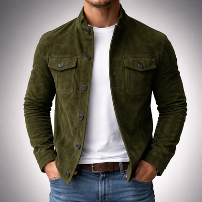 Chaqueta de ante con cuello alto y cierre de botones para hombre