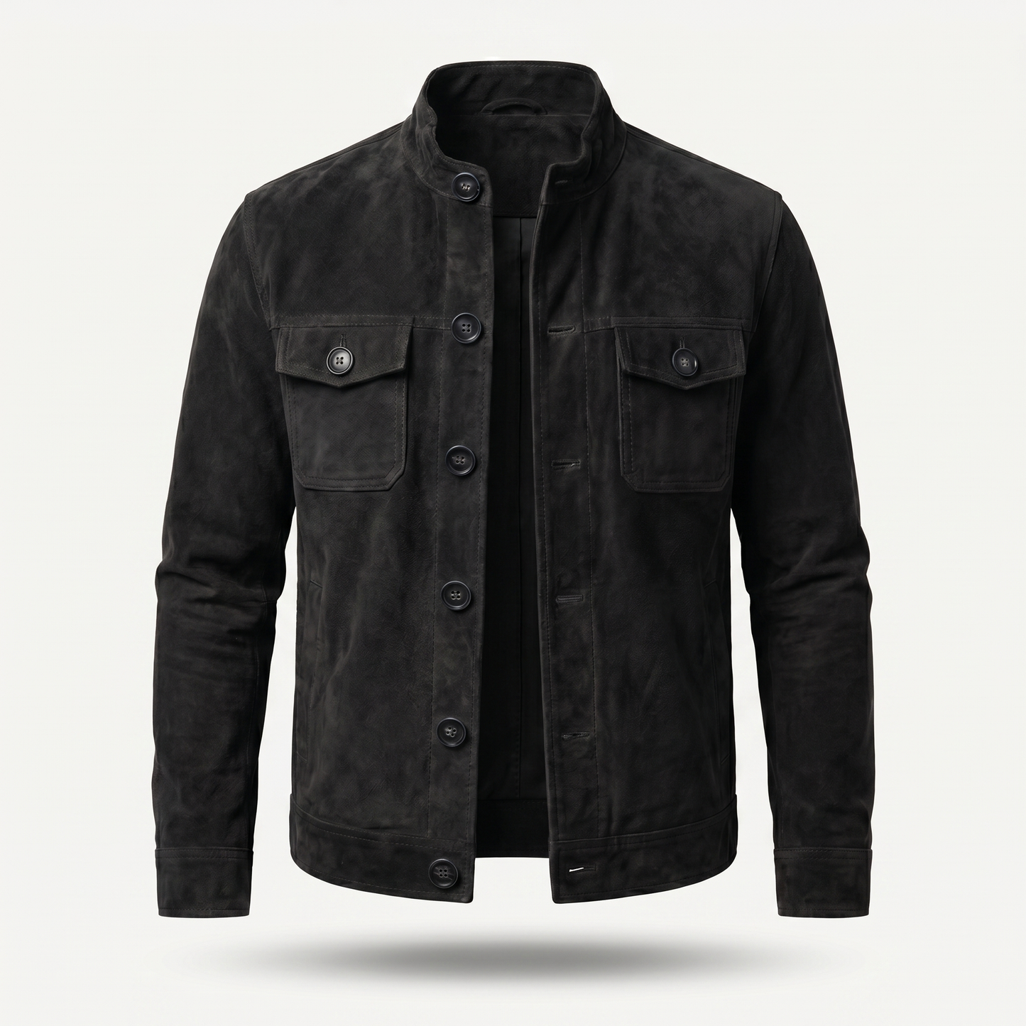 Chaqueta de ante con cuello alto y cierre de botones para hombre