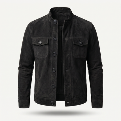 Chaqueta de ante con cuello alto y cierre de botones para hombre