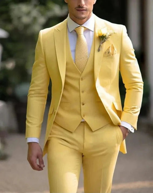 Traje de mezcla de lana de tres piezas con chaqueta, chaleco y pantalón para hombre