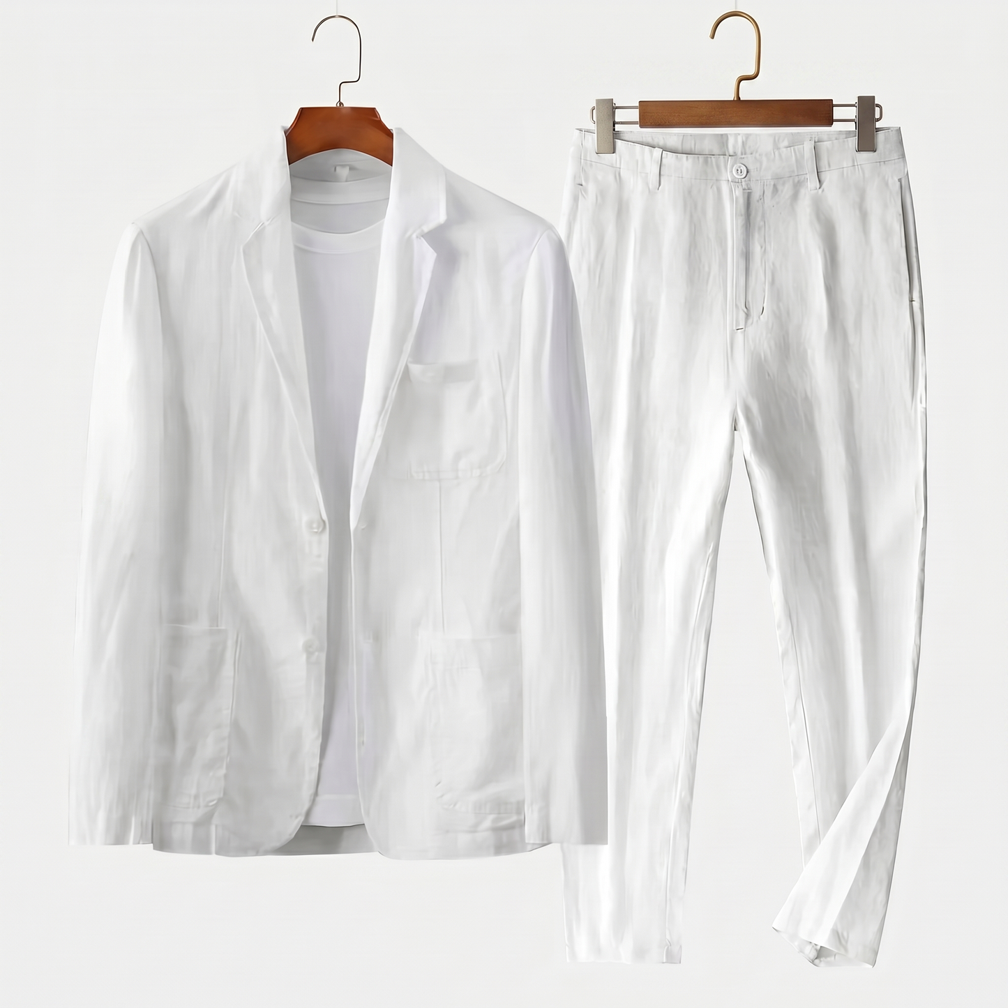 Traje de lino de dos piezas con blazer de solapa y pantalón con cordón para hombre