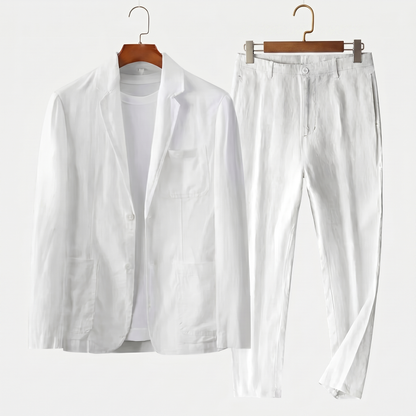 Traje de lino de dos piezas con blazer de solapa y pantalón con cordón para hombre