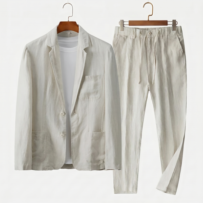 Traje de lino de dos piezas con blazer de solapa y pantalón con cordón para hombre