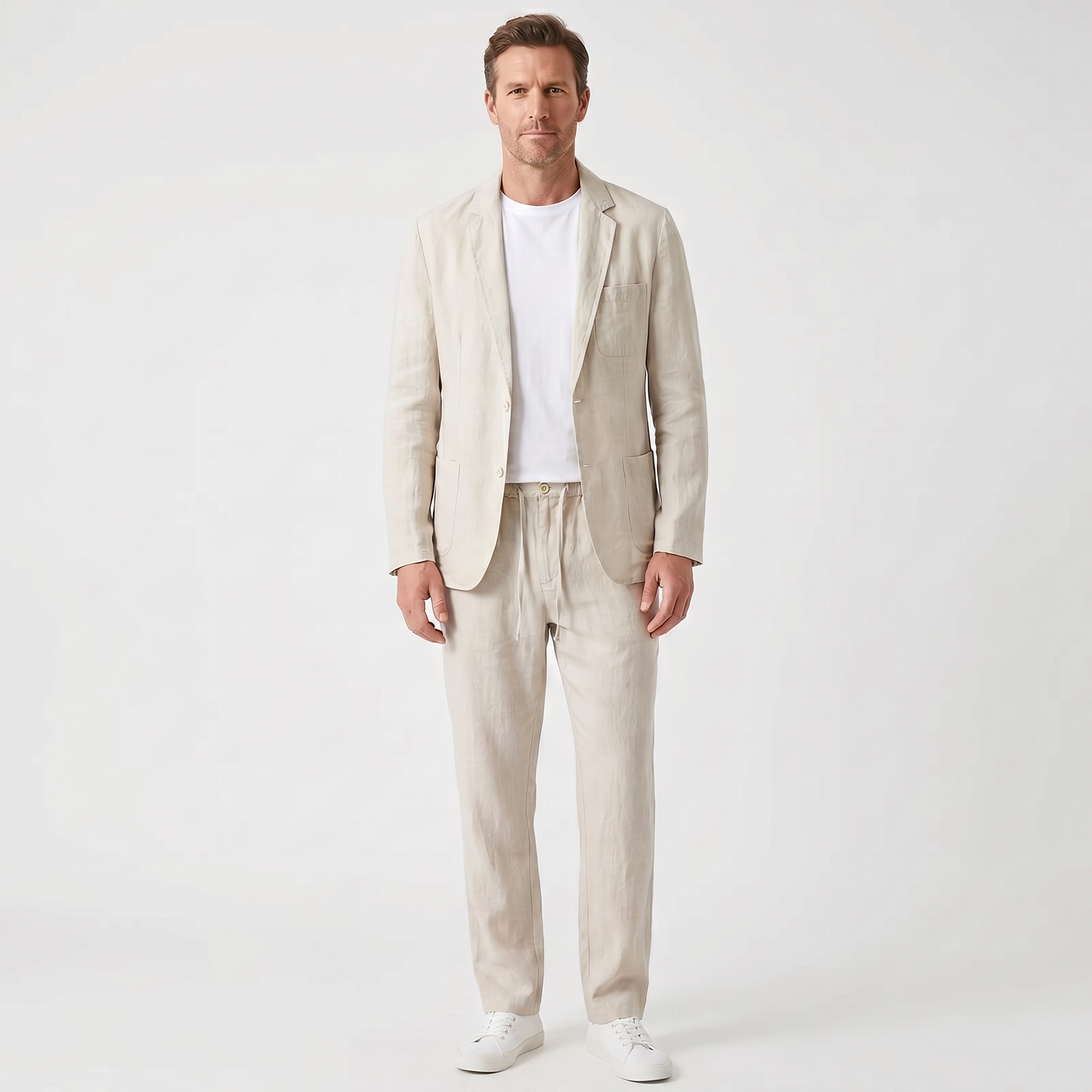 Traje de lino de dos piezas con blazer de solapa y pantalón con cordón para hombre