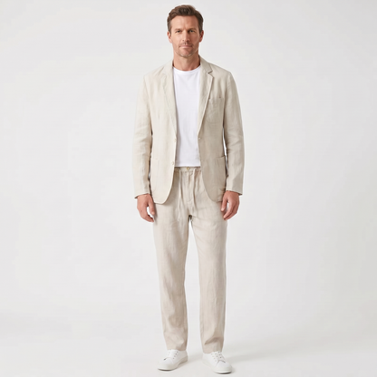 Traje de lino de dos piezas con blazer de solapa y pantalón con cordón para hombre
