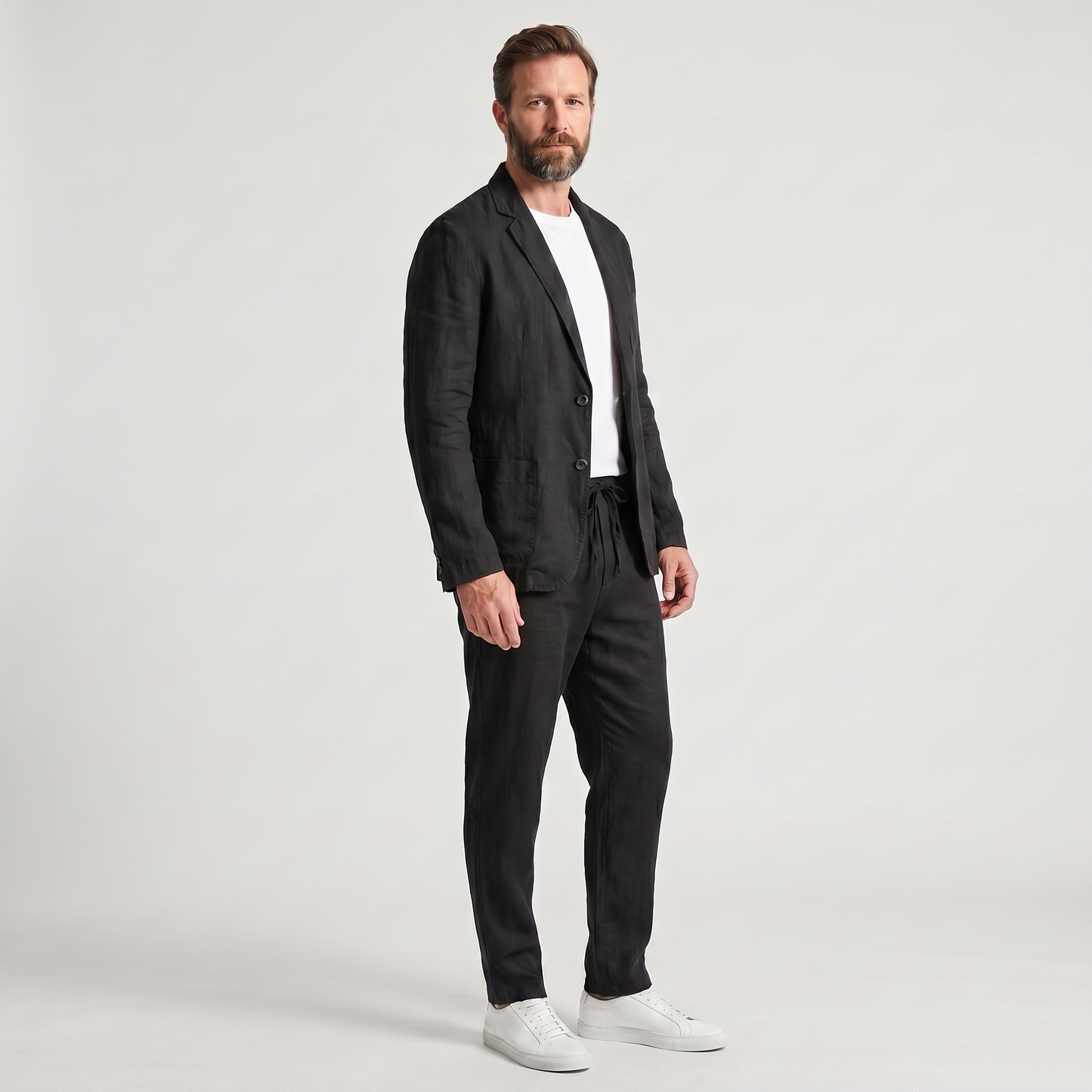 Traje de lino de dos piezas con blazer de solapa y pantalón con cordón para hombre