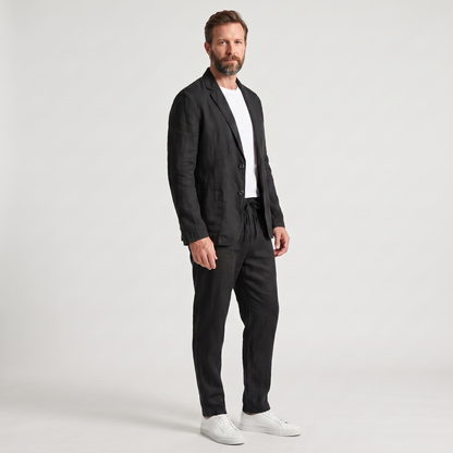 Traje de lino de dos piezas con blazer de solapa y pantalón con cordón para hombre