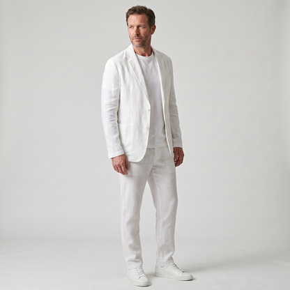 Traje de lino de dos piezas con blazer de solapa y pantalón con cordón para hombre