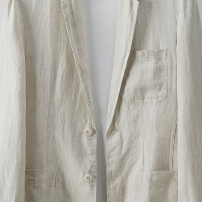 Traje de lino de dos piezas con blazer de solapa y pantalón con cordón para hombre