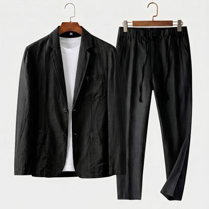 Traje de lino de dos piezas con blazer de solapa y pantalón con cordón para hombre