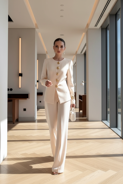 ANGELA | Conjunto Elegante de Blazer Blanco con Botones Dorados y Pantalón Palazzo