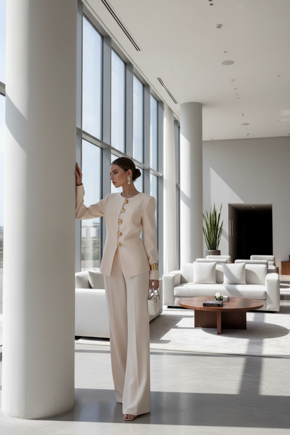ANGELA | Conjunto Elegante de Blazer Blanco con Botones Dorados y Pantalón Palazzo