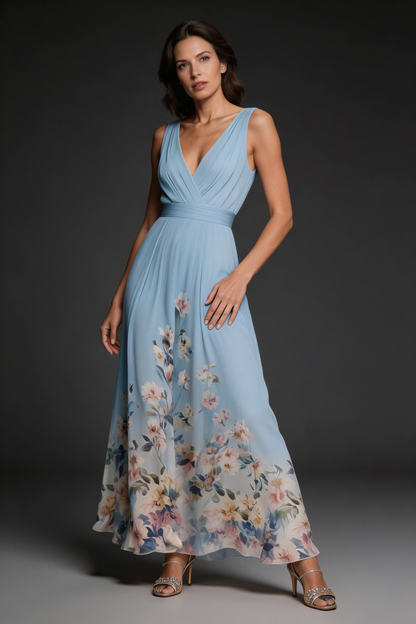 Vestido Maxi de Gasa con Escote en V y Estampado Floral