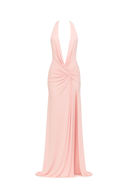Vestido Maxi Escote V Drapeado Espalda Abierta