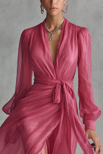 Vestido Rosa Maxi Escote V Manga Globo