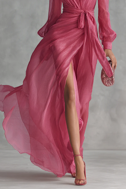 Vestido Rosa Maxi Escote V Manga Globo