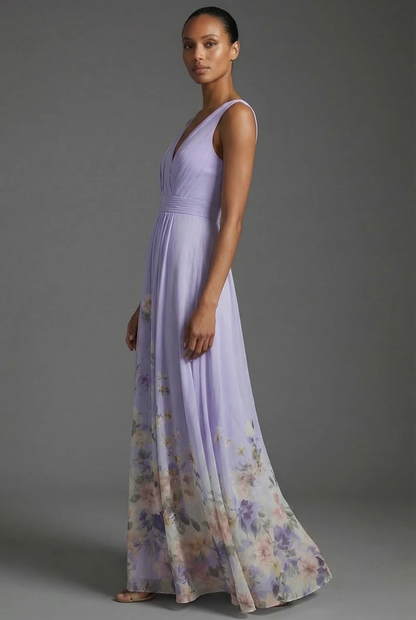 Vestido Maxi de Gasa con Escote en V y Estampado Floral