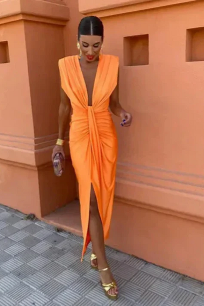 VALENTINA | Vestido Midi Drapeado con Escote en V Profundo y Nudo Frontal
