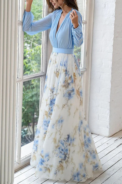 CELESTE | Vestido Maxi Bicolor Escote en V con Falda Floral