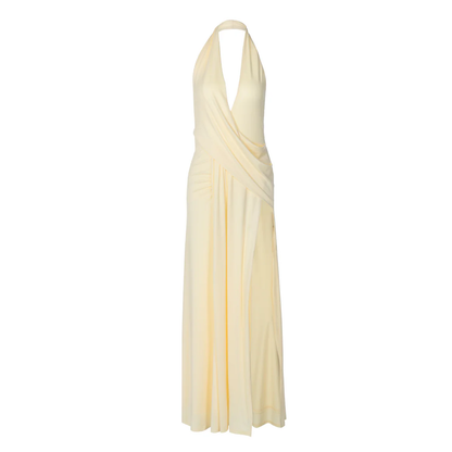 Vestido Maxi Escote V Drapeado Espalda Abierta