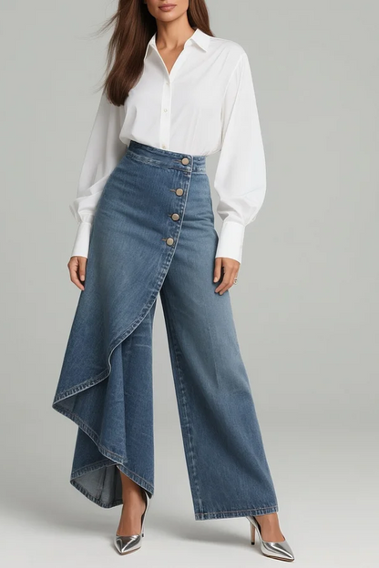 Pantalón Denim Asimétrico Talle Alto - Pierna Ancha con Detalle Envolvente