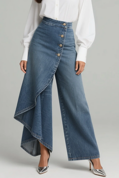 Pantalón Denim Asimétrico Talle Alto - Pierna Ancha con Detalle Envolvente