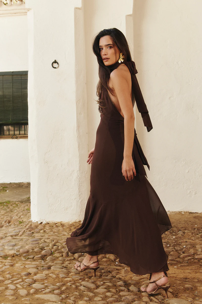 Vestido Halter Maxi Espalda Abierta Lazo