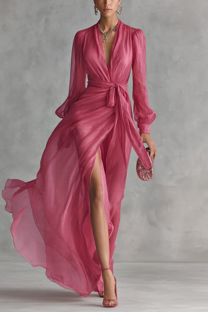 Vestido Rosa Maxi Escote V Manga Globo