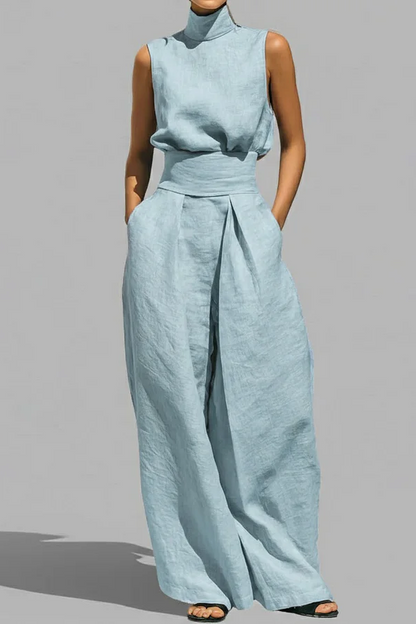 Conjunto Minimalista Cuello Alto - Blusa Sin Mangas y Pantalón Ancho Premium