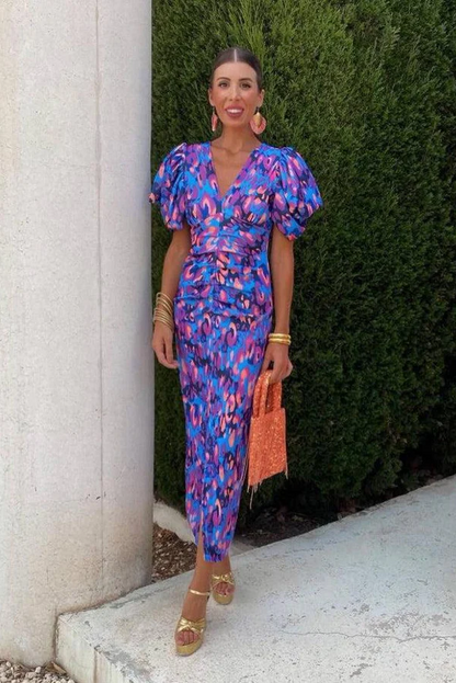 LOREN | Vestido Midi Vibrante con Mangas Abullonadas