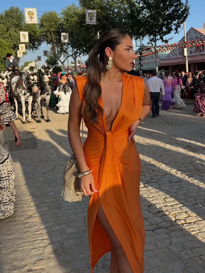 VALENTINA | Vestido Midi Drapeado con Escote en V Profundo y Nudo Frontal