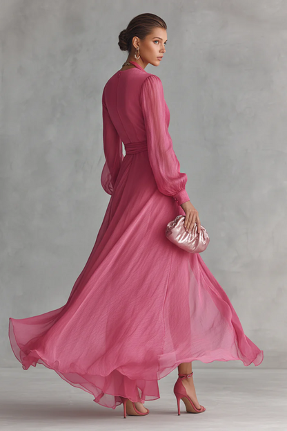 Vestido Rosa Maxi Escote V Manga Globo