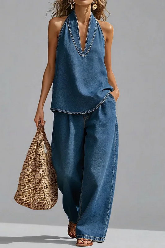 Conjunto Denim Halter Mediterráneo - Top Cuello Halter y Pantalón Ancho