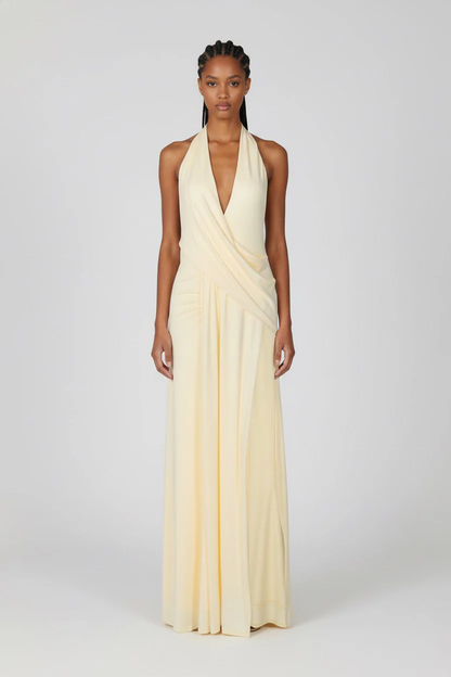 Vestido Maxi Escote V Drapeado Espalda Abierta