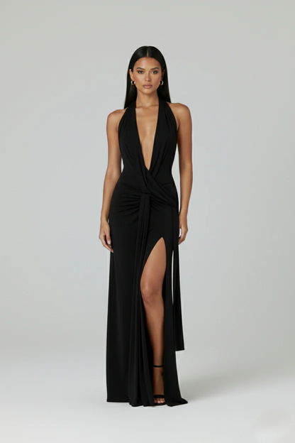 Vestido Maxi Escote V Drapeado Espalda Abierta