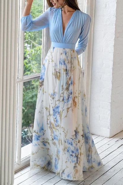 CELESTE | Vestido Maxi Bicolor Escote en V con Falda Floral