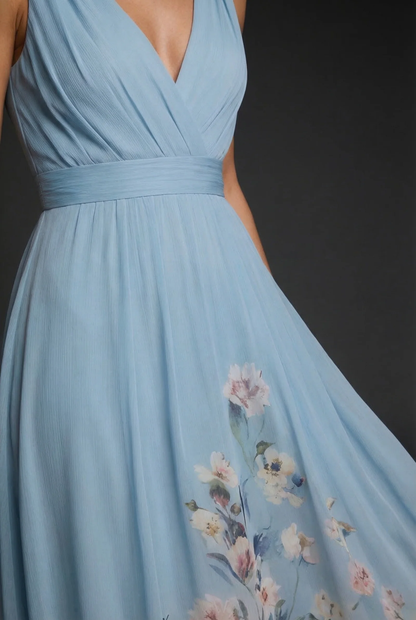 Vestido Maxi de Gasa con Escote en V y Estampado Floral